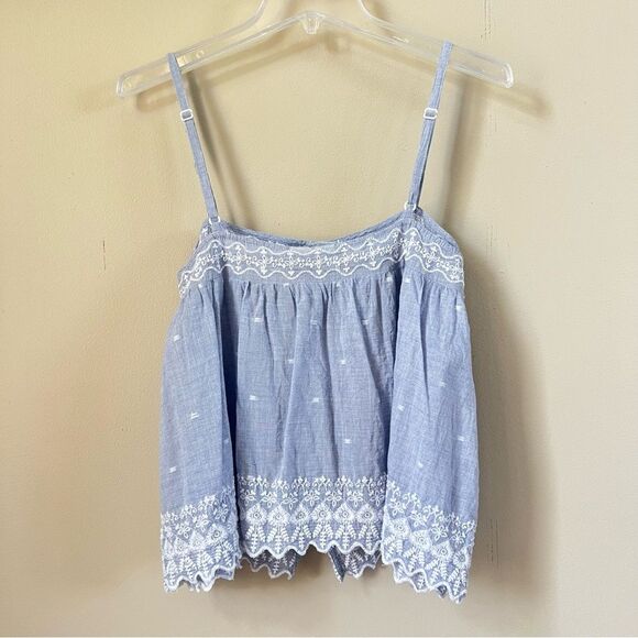 Joie Blue and White Embroidered Eyelet Boho Camisole Crop Top SZ L - Picture 2 of 10